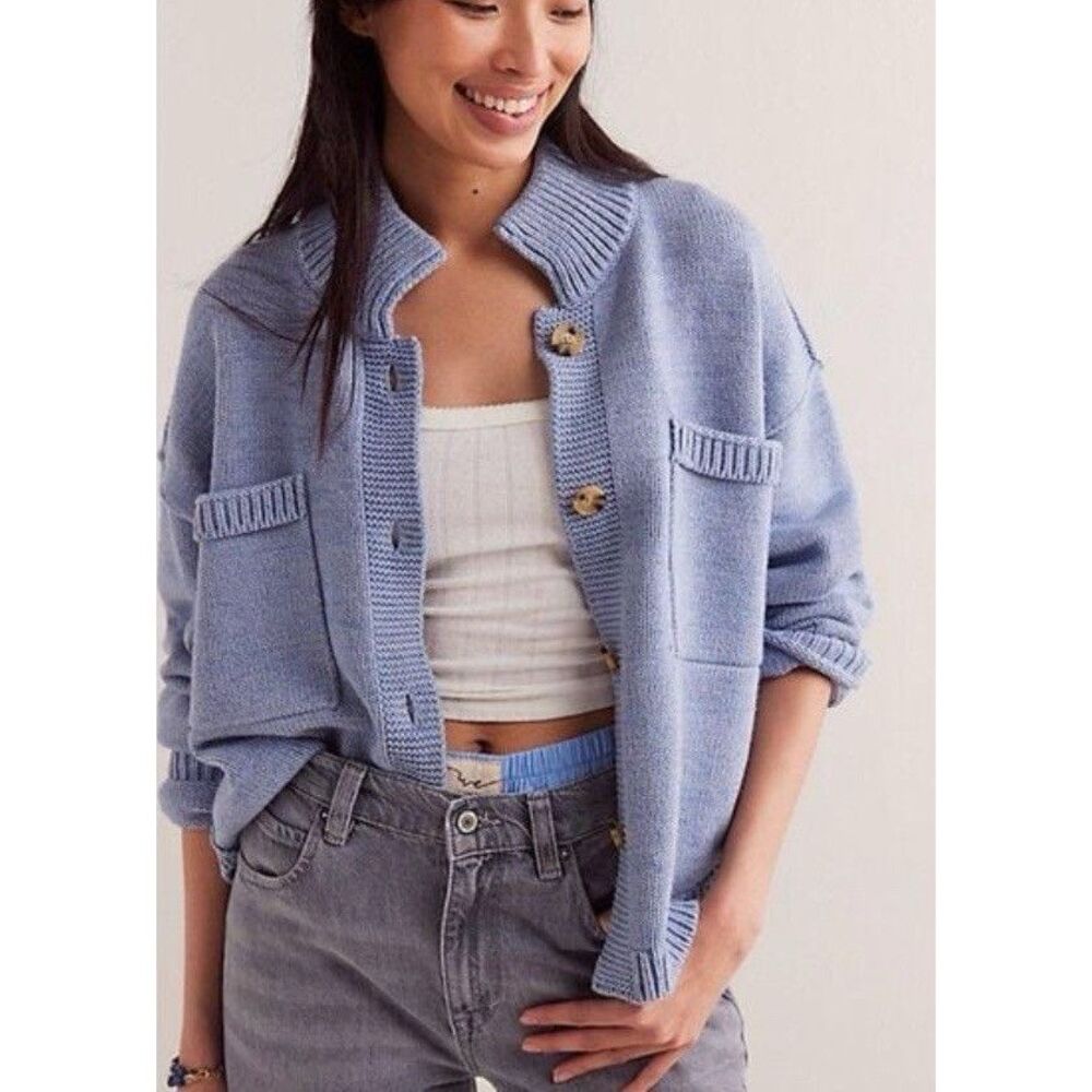 New Free People On The Isle Cardi We The Free Ribbed Button Pockets Sweater Sz L - Picture 3 of 8